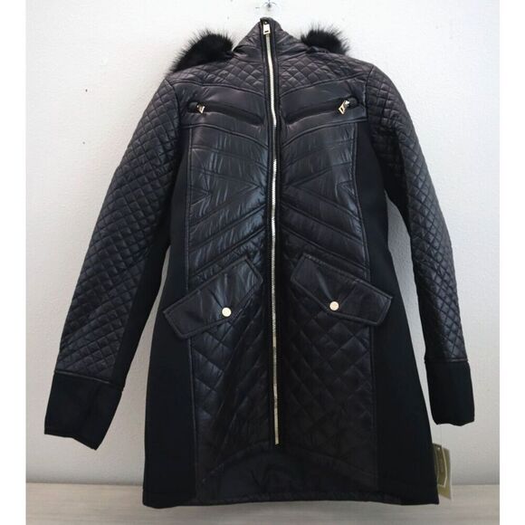 Michael Kors Women Sz M Black Faux-Fur-Trim Mixed Media Hooded Quilted Coat - Picture 1 of 16